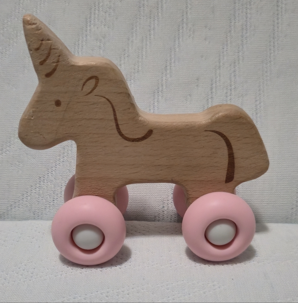 Wooden Unicorn Push Teether Toy with Pink Wheels